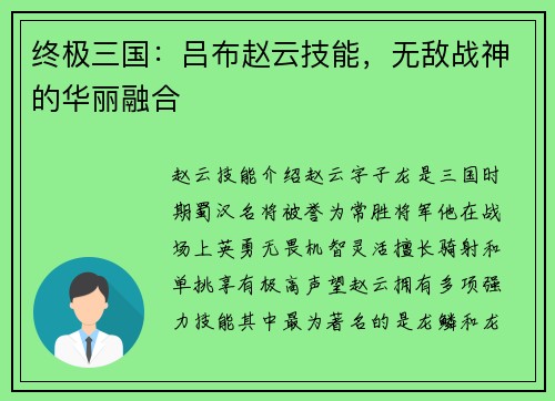 终极三国：吕布赵云技能，无敌战神的华丽融合